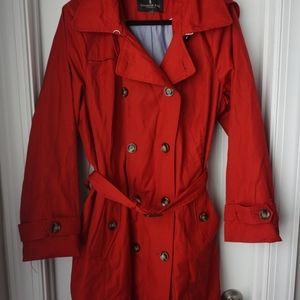 Red London Fog long hooded rain jacket